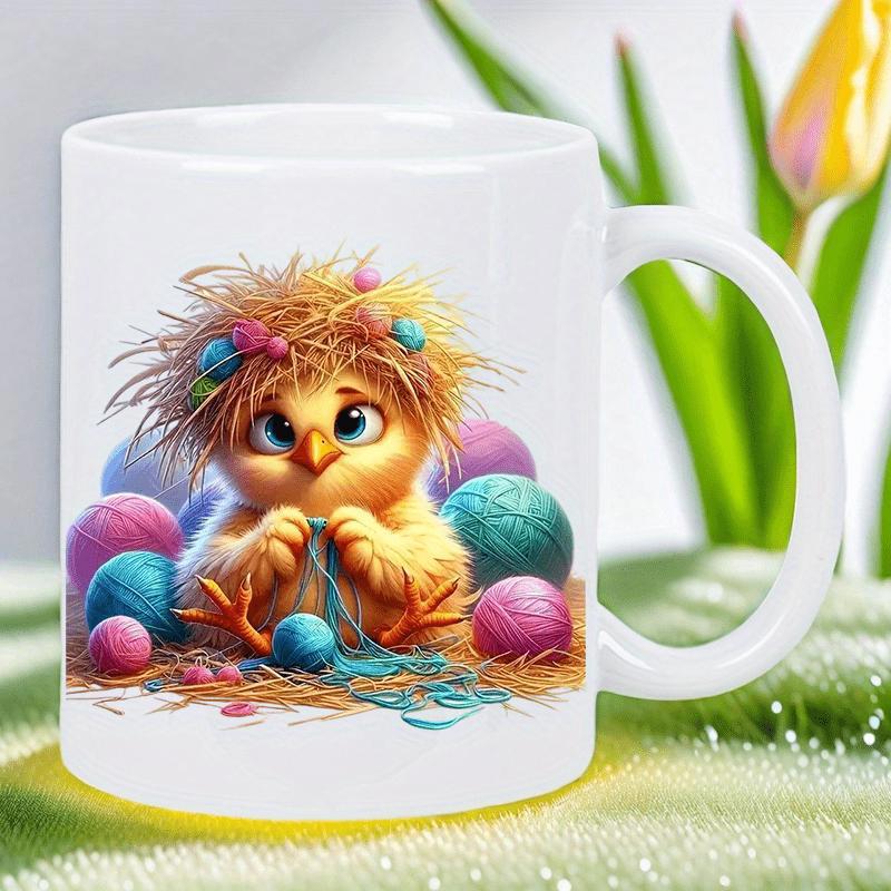 Tailorly White Ceramic 11 oz Mug - Fluffy Yellow Baby Bird Playing Among Colorful Soft Balls Of Yarn Chick