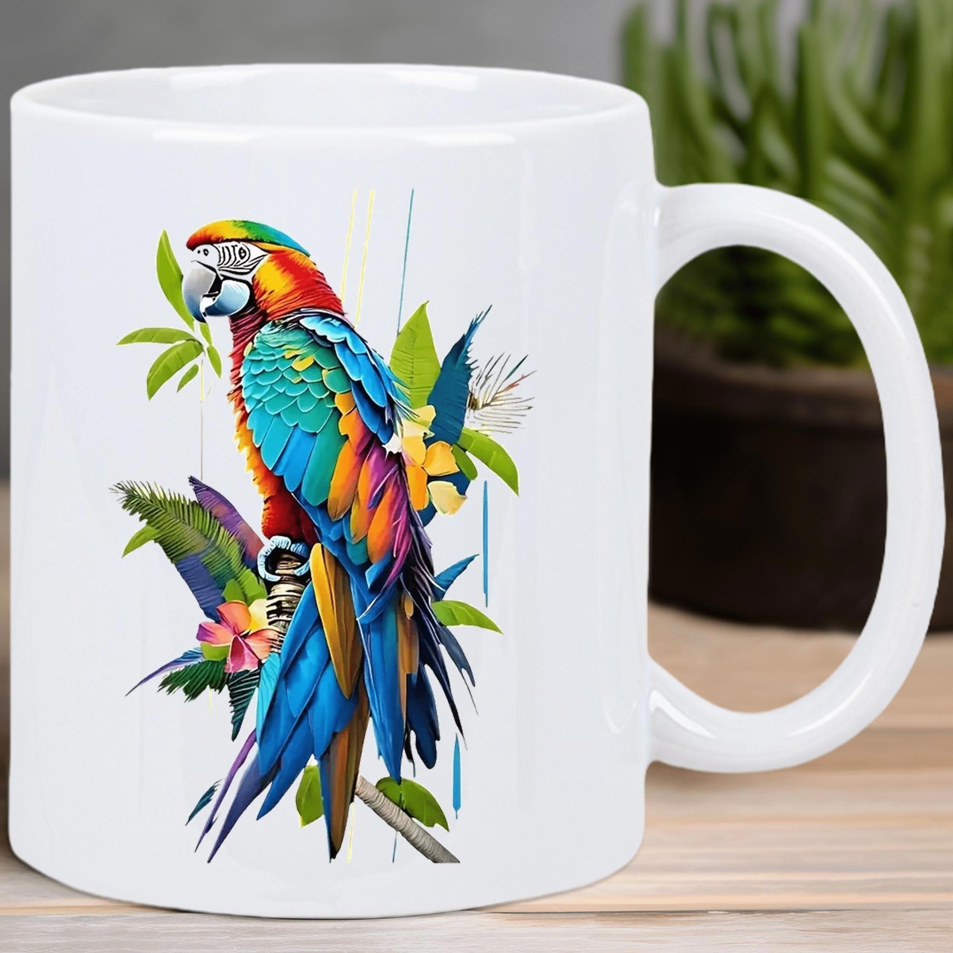 Tailorly White Ceramic 11 oz Mug - Vibrant Tropical Bird With Colorful Feathers Perched Among Green Jungle Leaves Parrot