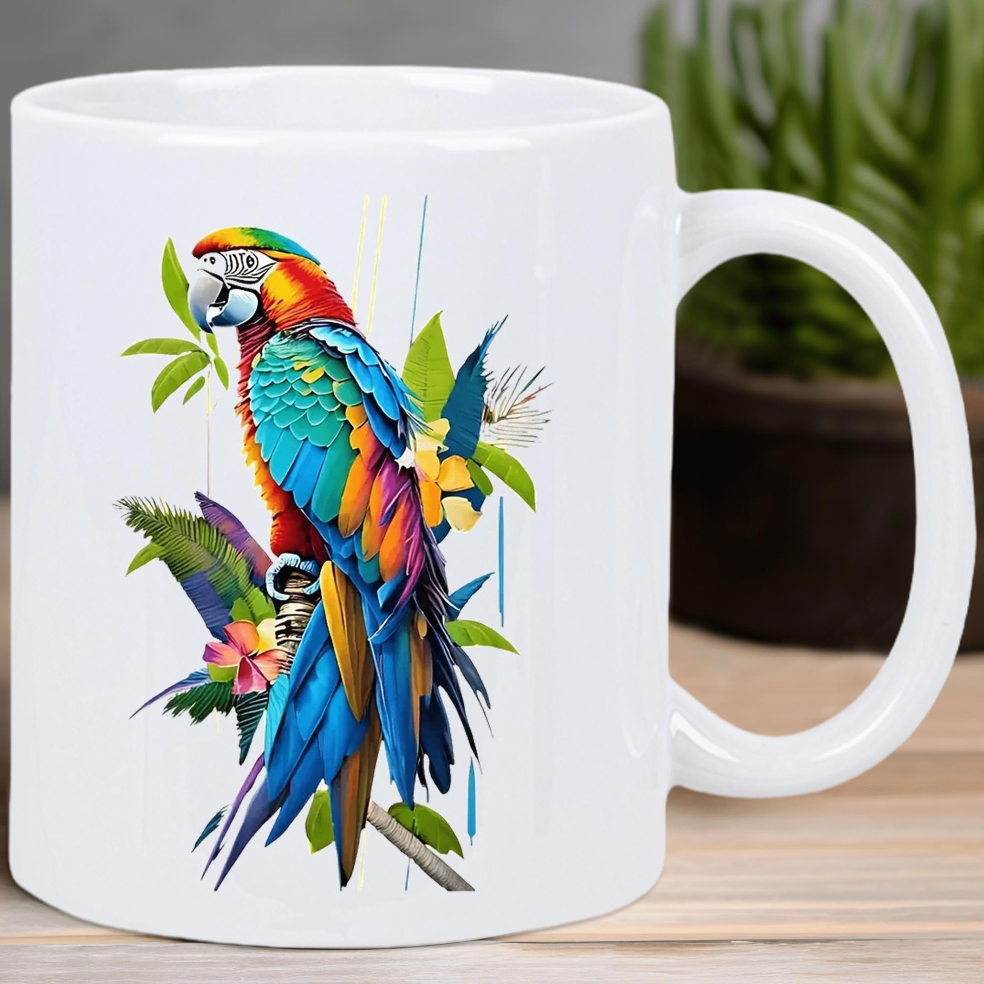 Tailorly White Ceramic 11 oz Mug - Vibrant Tropical Bird With Colorful Feathers Perched Among Green Jungle Leaves Parrot