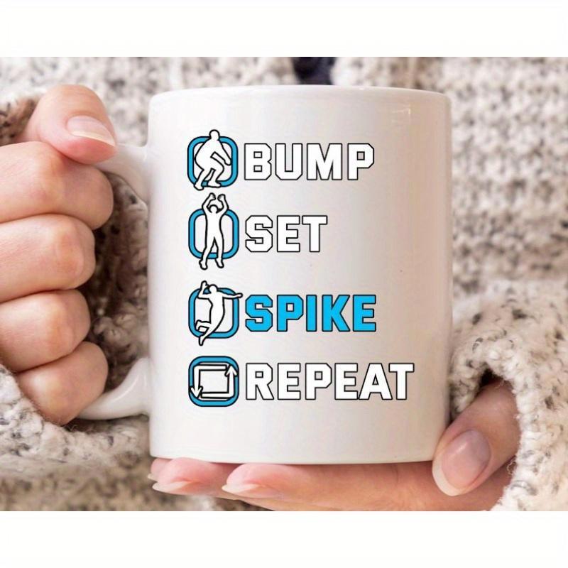 Tailorly White Ceramic 11 oz Mug - Bump Set Spike Repeat Athletic Silhouettes Showing Game Actions For Competitive Team Sports Volleyball