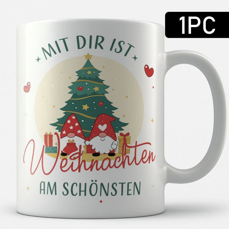 Tailorly White Ceramic 11 oz Mug - Festive Evergreen Standing Behind Two Cute Little Forest Gnomes Christmas Tree