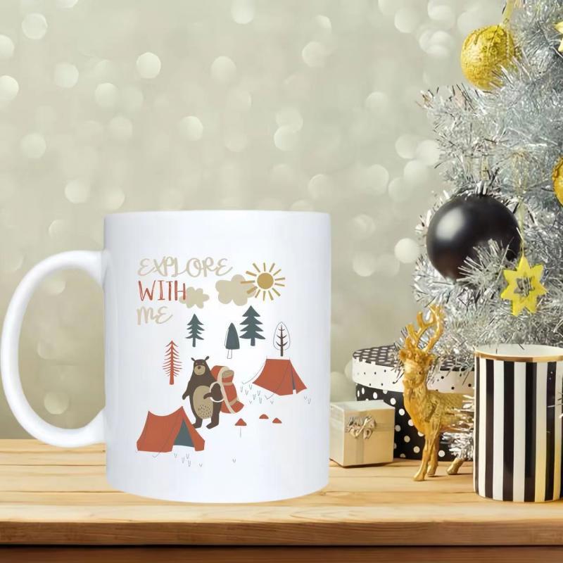 Tailorly White Ceramic 11 oz Mug - Explore With Me Cartoon Bear Wearing Backpack Walking Between Camping Tents In Pine Forest Bear