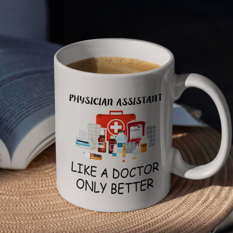 Tailorly White Ceramic 11 oz Mug - Physician Assistant Like A Doctor Only Better Detailed Red Medical Bag Surrounded By Medicine Bottles And Pills Kit