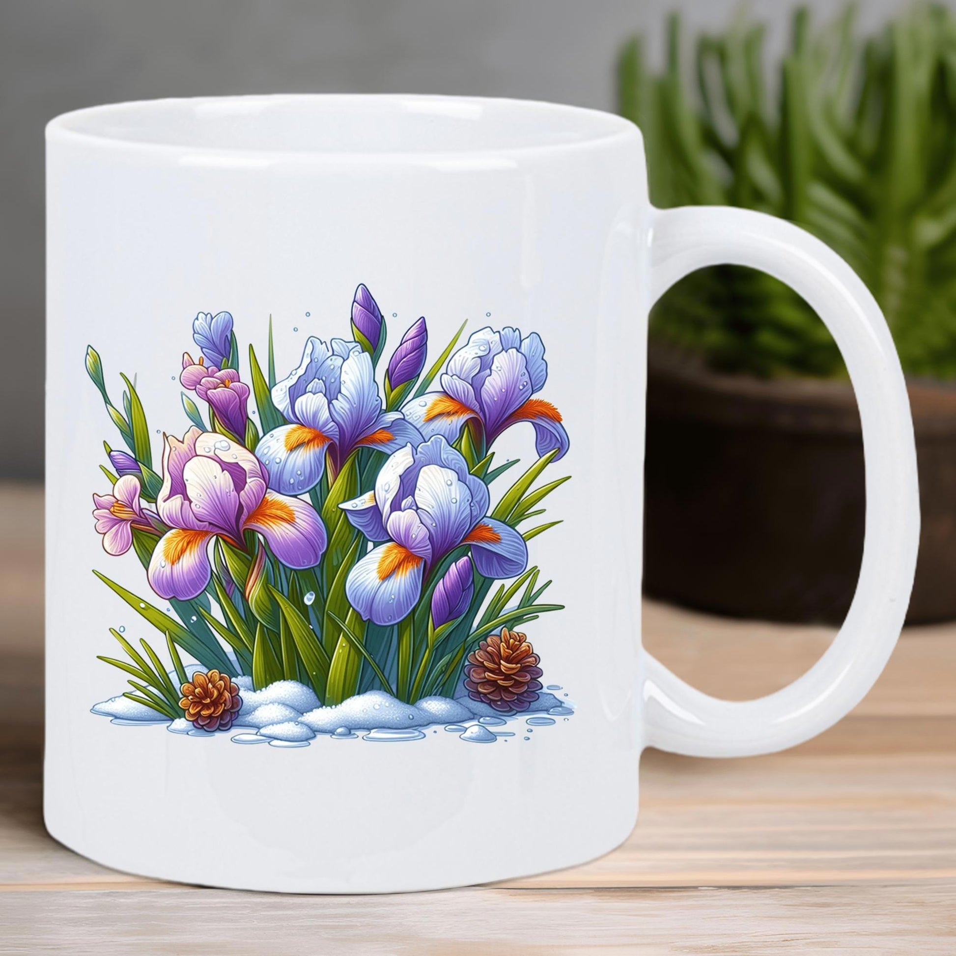 Tailorly White Ceramic 11 oz Mug - Beautiful Blooming Purple Iris Flowers Among Winter Snow And Pinecones Iris