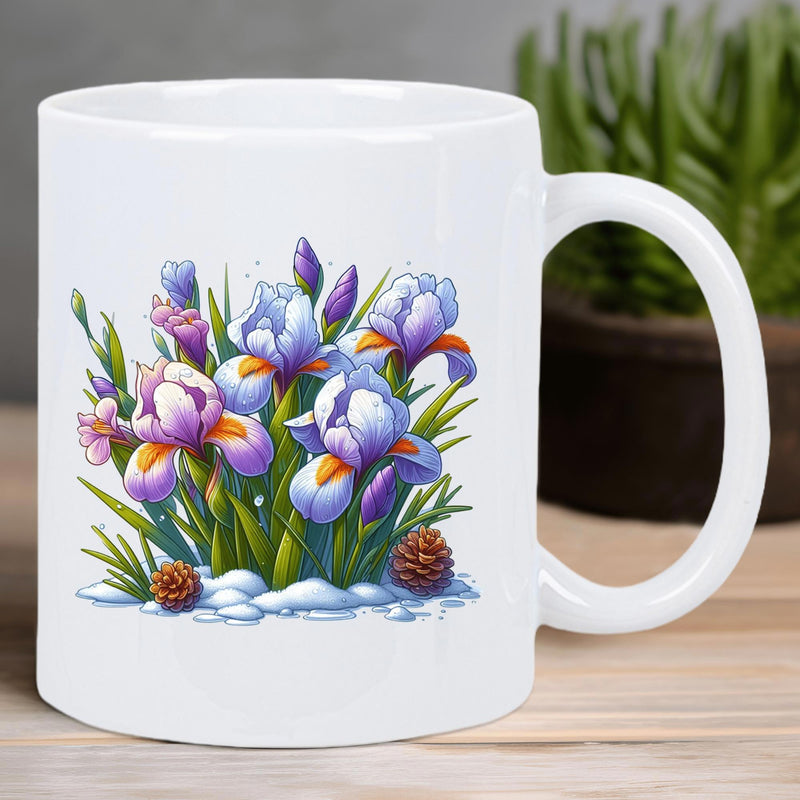 Tailorly White Ceramic 11 oz Mug - Beautiful Blooming Purple Iris Flowers Among Winter Snow And Pinecones Iris