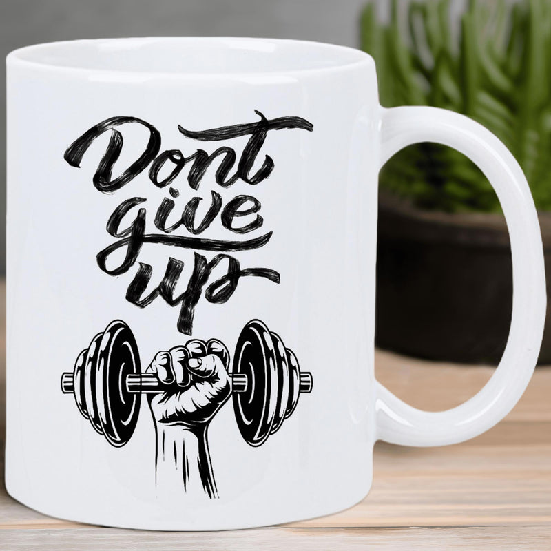 Tailorly White Ceramic 11 oz Mug - Dont Give Up Strong Muscular Hand Lifting A Heavy Black Metal Gym Barbell