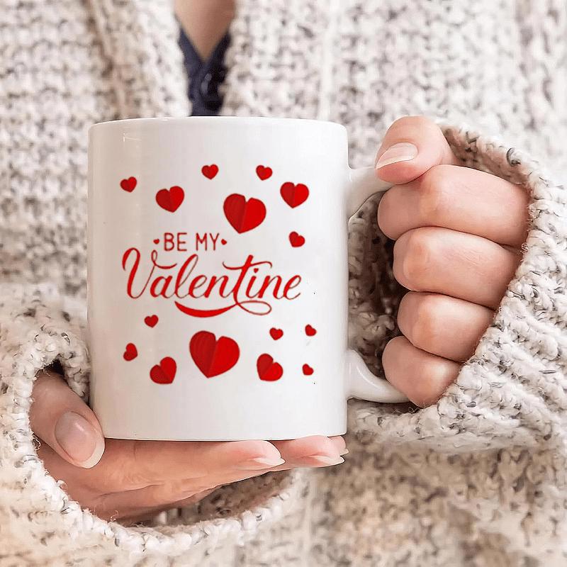 Tailorly White Ceramic 11 oz Mug - Be My Valentine Elegant Red Hearts Floating Around Romantic Handwritten Script Text Theme Heart