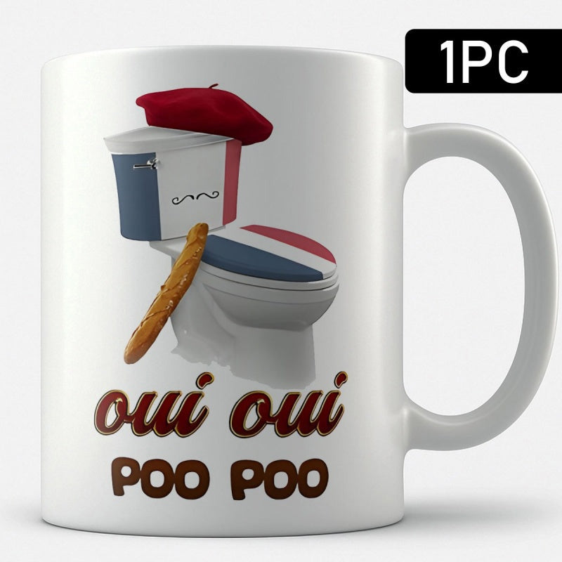 Tailorly White Ceramic 11 oz Mug - Oui Oui Poo Poo French Themed Bathroom Fixture Wearing Red Beret And Holding Long Baguette Toilet