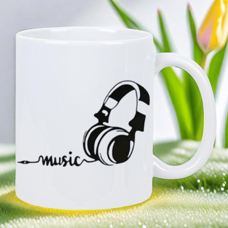 Tailorly White Ceramic 11 oz Mug - Music Sleek Black Minimalist Headphones Connected By A Winding Audio Jack Cable Headphone