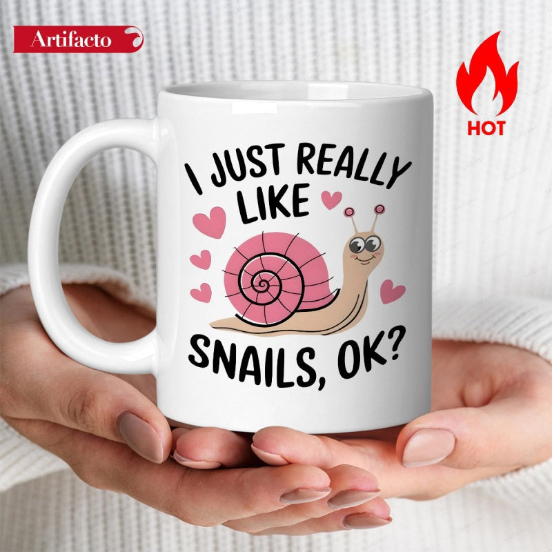 Tailorly White Ceramic 11 oz Mug - I Just Really Like Snails Ok Cute Cartoon Style With Pink Shell And Radiant Small Hearts Snail