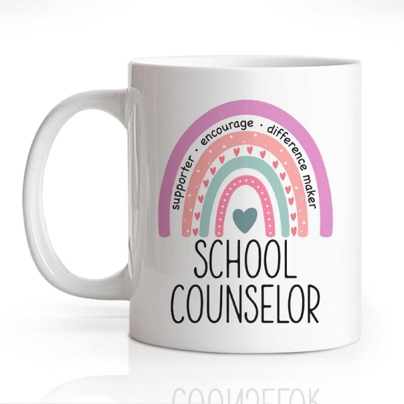 Tailorly White Ceramic 11 oz Mug - School Counselor Supporter Encourage Difference Maker Vibrant Muted Boho Colors Forming Arches With Heart Details Underneath