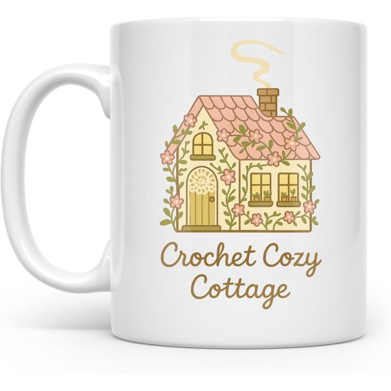 Tailorly White Ceramic 11 oz Mug - Crochet Cozy Cottage Charming Hand Drawn House With Pink Roses And Swirling Chimney Smoke Cottage