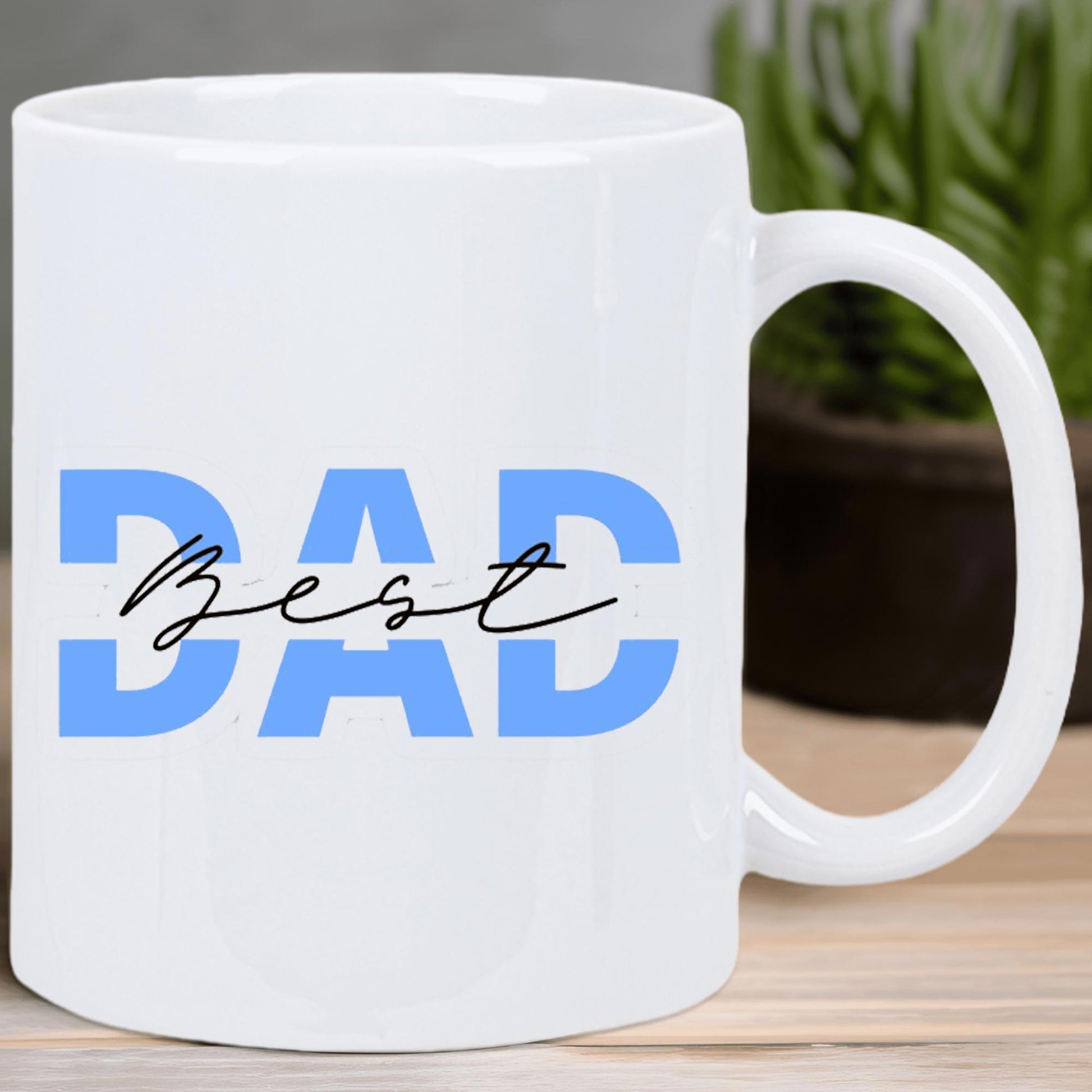 Tailorly White Ceramic 11 oz Mug - Best Dad Large Bold Blue Typography Featuring Elegant Black Script Handwriting Style Mug