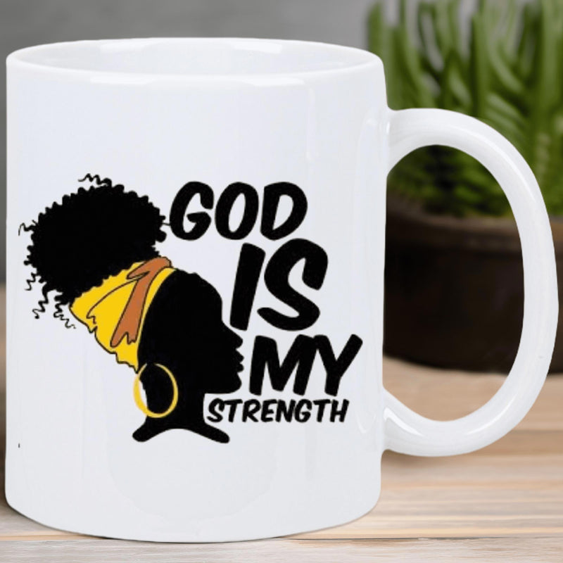 Tailorly White Ceramic 11 oz Mug - God Is My Strength Silhouette Profile Of A Woman With Afro Hair And Yellow Headwrap Woman