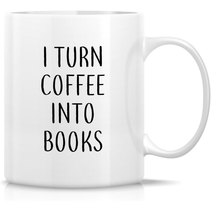 Tailorly White Ceramic 11 oz Mug - I Turn Coffee Into Books Minimalist White Ceramic Kitchenware With Sleek Handle And Bold Black Lettering Mug