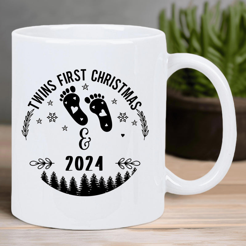 Tailorly White Ceramic 11 oz Mug - Twins First Christmas 2024 Tiny Baby Footprints With Snowflakes Above A Dense Pine Forest