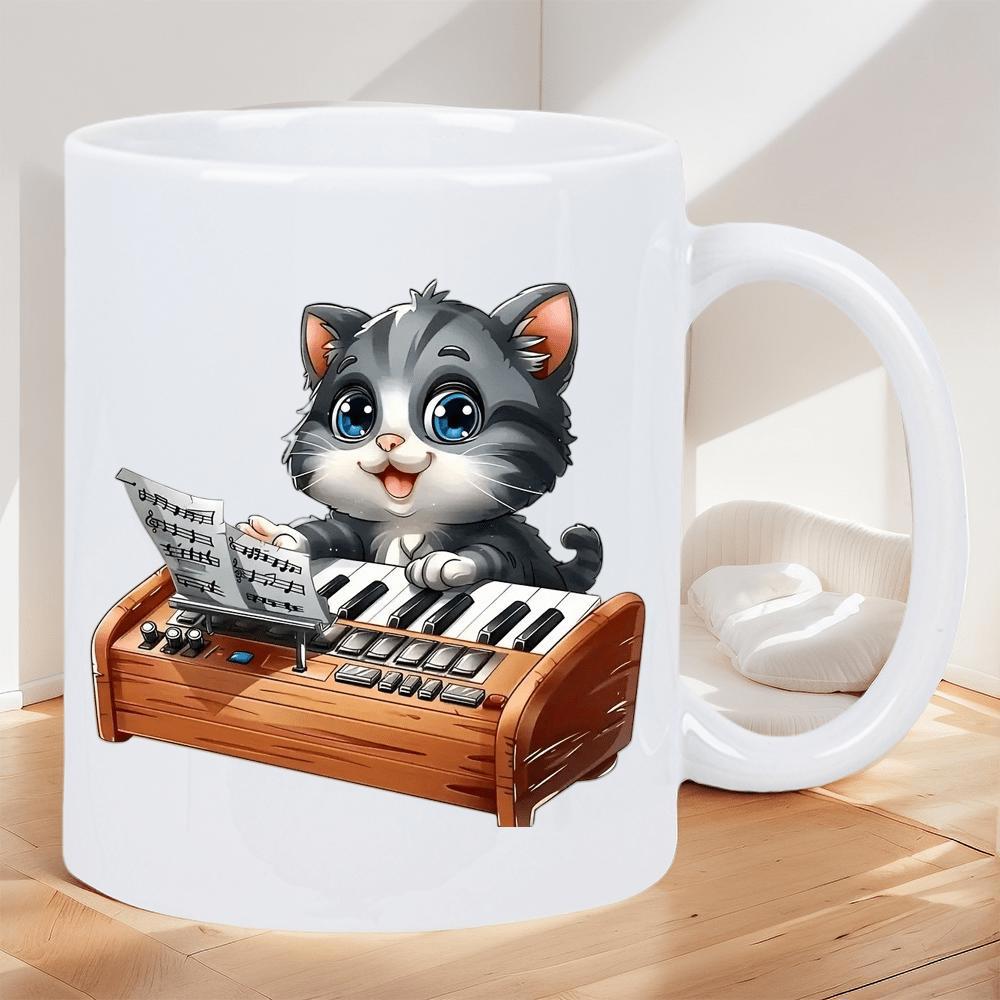 Tailorly White Ceramic 11 oz Mug - Adorable Grey Tabby Playing Joyful Melodies On A Wooden Keyboard Kitten