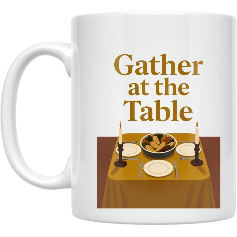 Tailorly White Ceramic 11 oz Mug - Gather At The Table Traditional Dining Set Featuring Lit Candles And Fresh Food On Covered Table