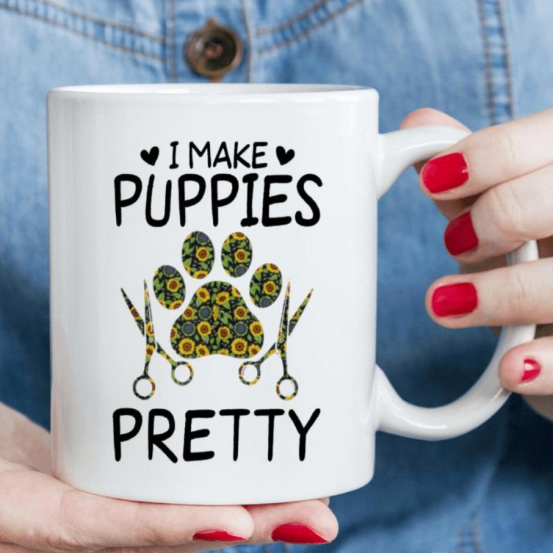 Tailorly White Ceramic 11 oz Mug - I Make Puppies Pretty Sunflower Patterned Paw Print Flanked By Grooming Scissors On White Background Mug