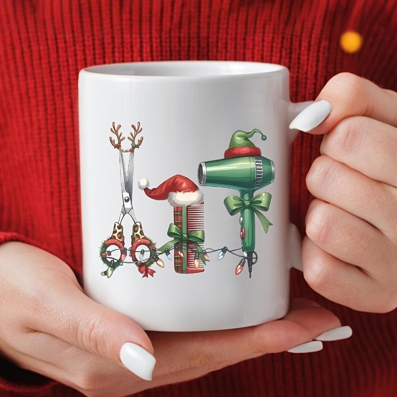 Tailorly White Ceramic 11 oz Mug - Festive Christmas Hairdressing Set With Scissor Comb And Green Blow Dryer Tools