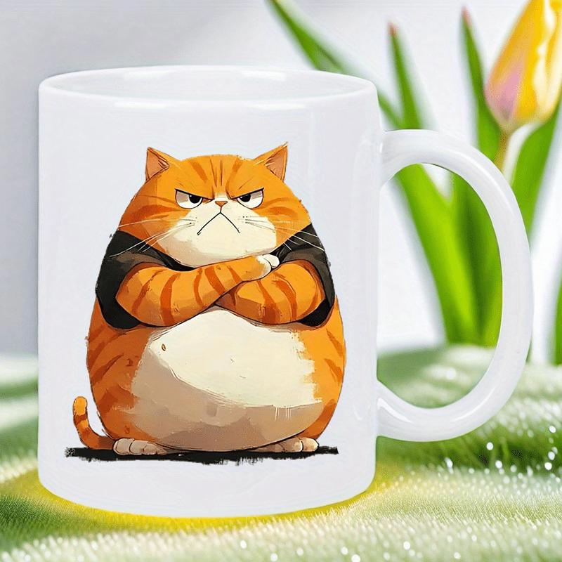 Tailorly White Ceramic 11 oz Mug - Angry Stubborn Round Ginger Feline Sitting With Stern Grumpy Expression Cat