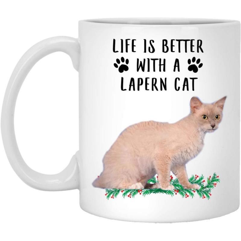 Tailorly White Ceramic 11 oz Mug - Life Is Better With A Lapern Cat Unique Feline Standing Among Green Foliage With Tiny Red Berries Cat