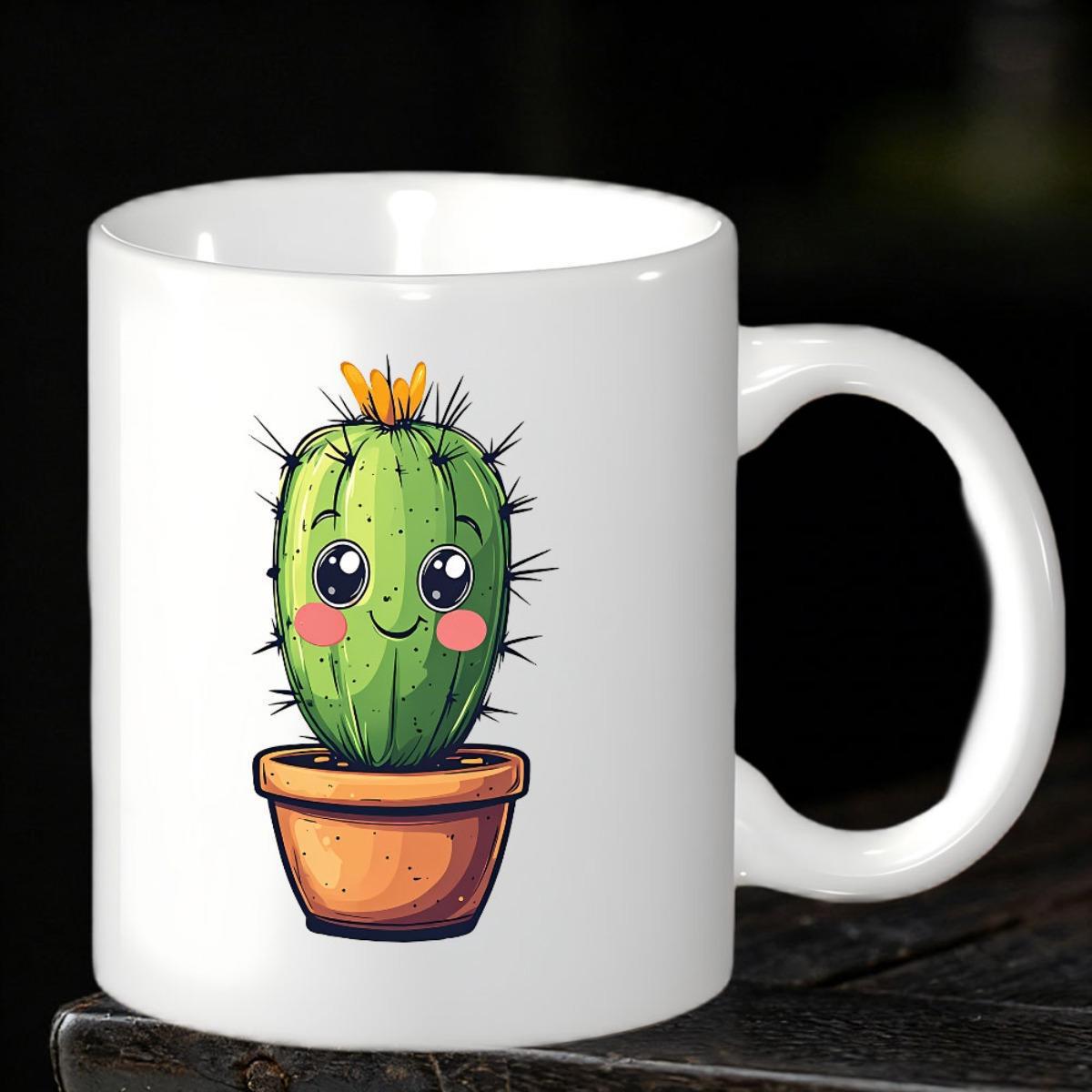 Tailorly White Ceramic 11 oz Mug - Cute Smiling Green Potted Plant With Orange Flower And Rosy Cheeks Cactus