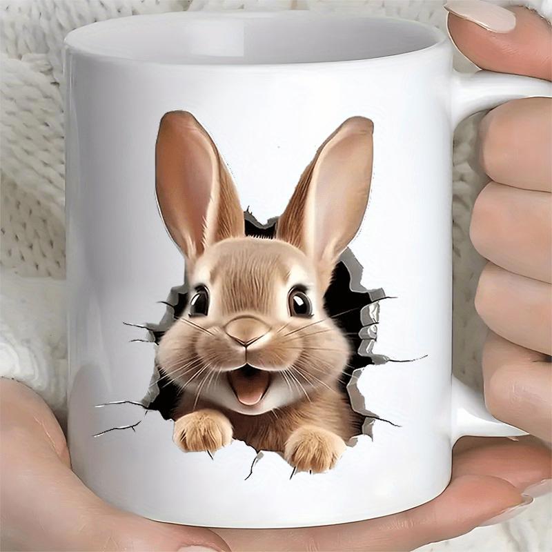 Tailorly White Ceramic 11 oz Mug - Cute Smiling Brown Bunny Peeking Through A Cracked White Wall Effect Rabbit