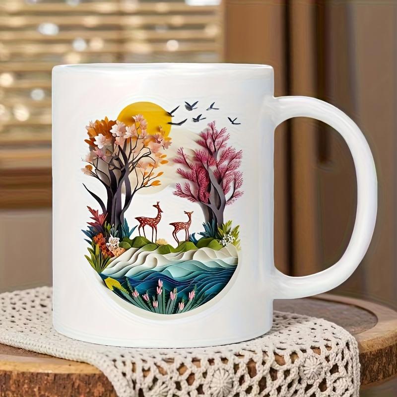 Tailorly White Ceramic 11 oz Mug - Autumnal Forest Landscape With Birds Flying Under Golden Setting Sun Deer