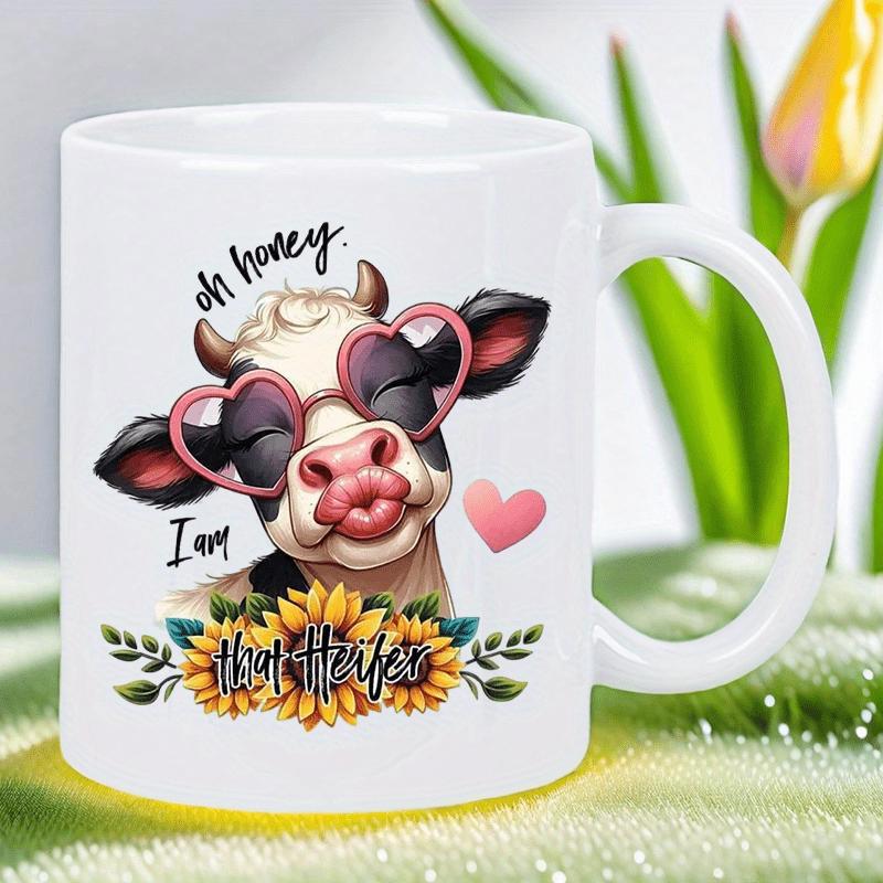 Tailorly White Ceramic 11 oz Mug - Oh Honey I Am That Heifer Adorable Cartoon Animal Wearing Heart Glasses Pouting Among Golden Sunflowers Cow