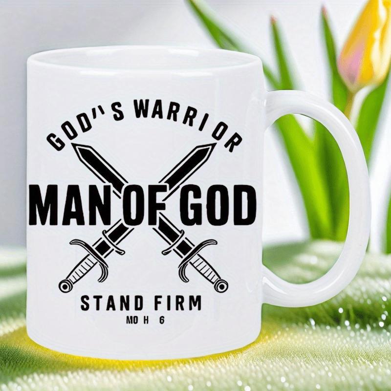 Tailorly White Ceramic 11 oz Mug - Gods Warrior Man Of God Stand Firm Strong Crossed Medieval Steel Blades Representing Strength Protection And Faith Sword
