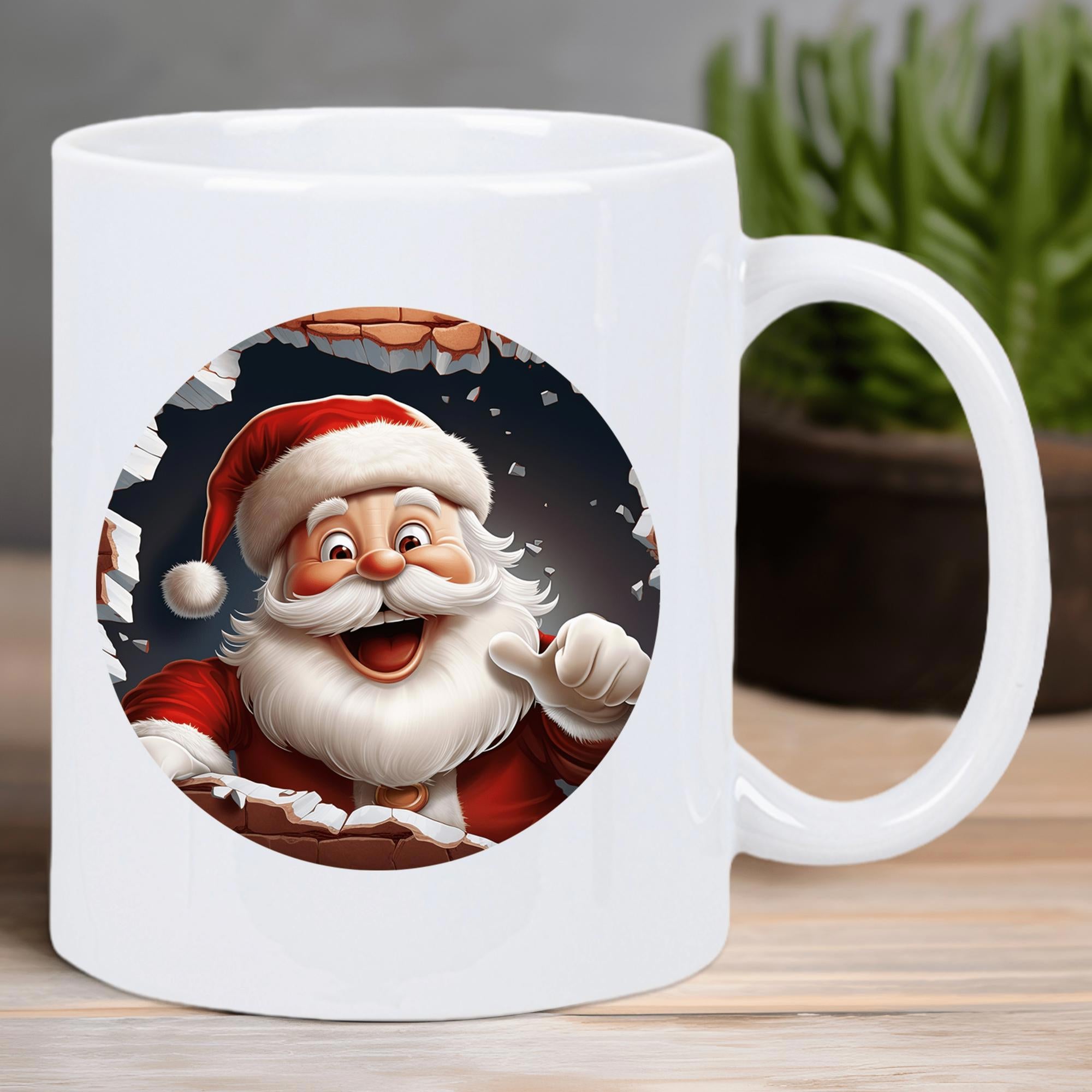 Tailorly White Ceramic 11 oz Mug - Jolly Festive Character Peering Through A Circular Broken Wall Frame Santa Claus