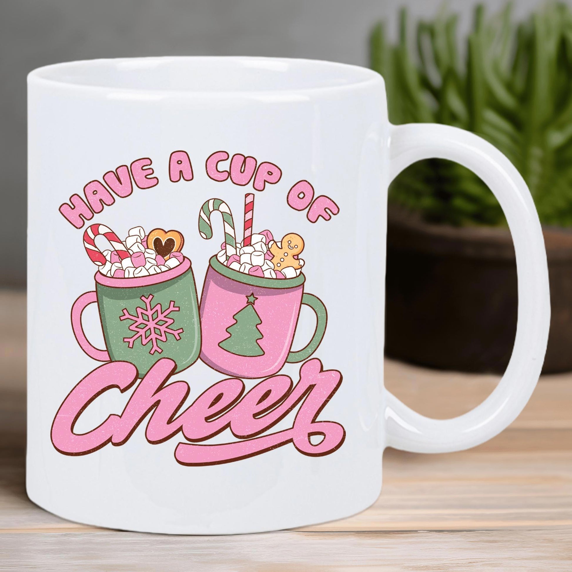 Tailorly White Ceramic 11 oz Mug - Have A Cup Of Cheer Festive Holiday Mugs With Candy Canes And Christmas Tree Decorations Mug