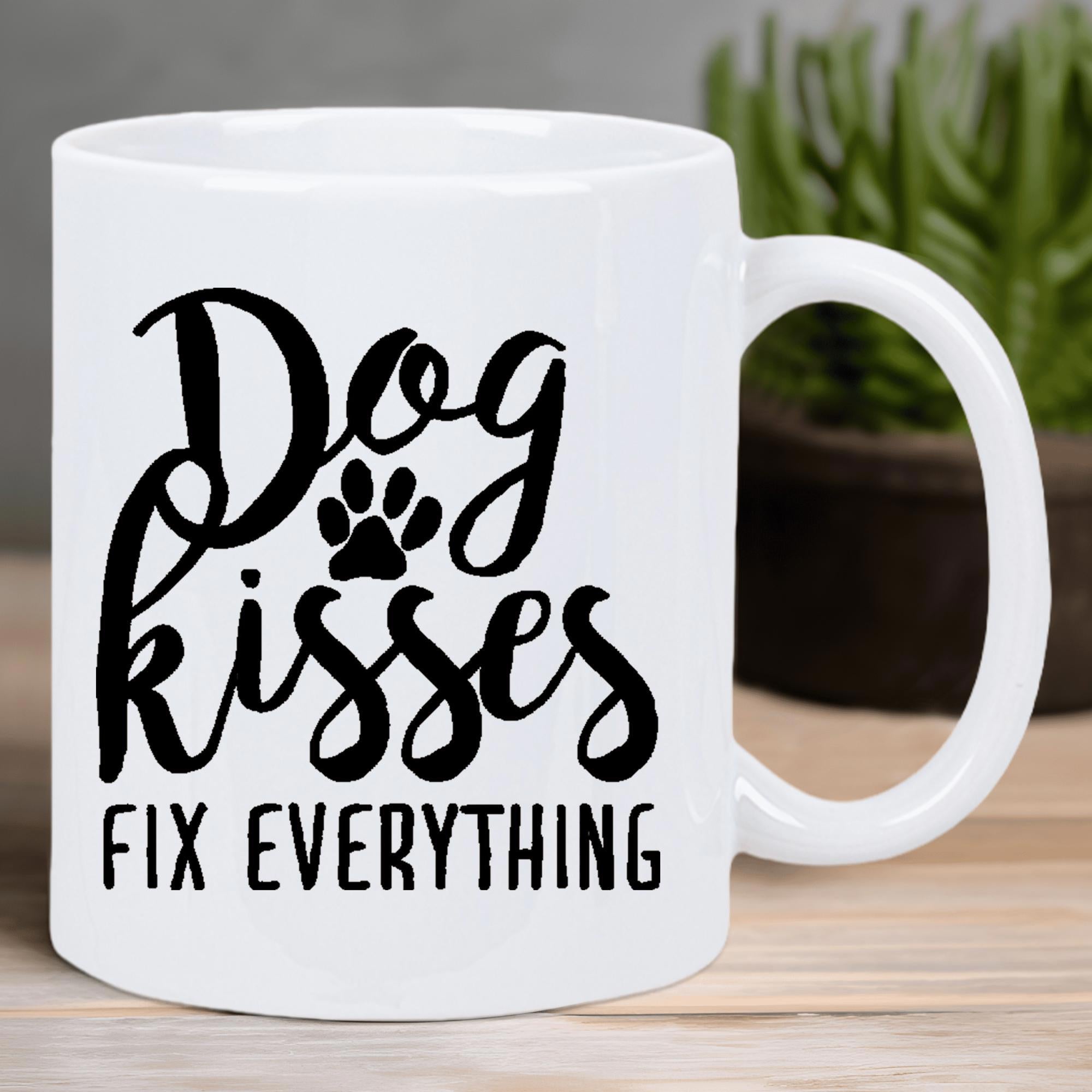 Tailorly White Ceramic 11 oz Mug - Dog Kisses Fix Everything Simple Artistic Paw Print Within Elegant Script And Bold Font Mug