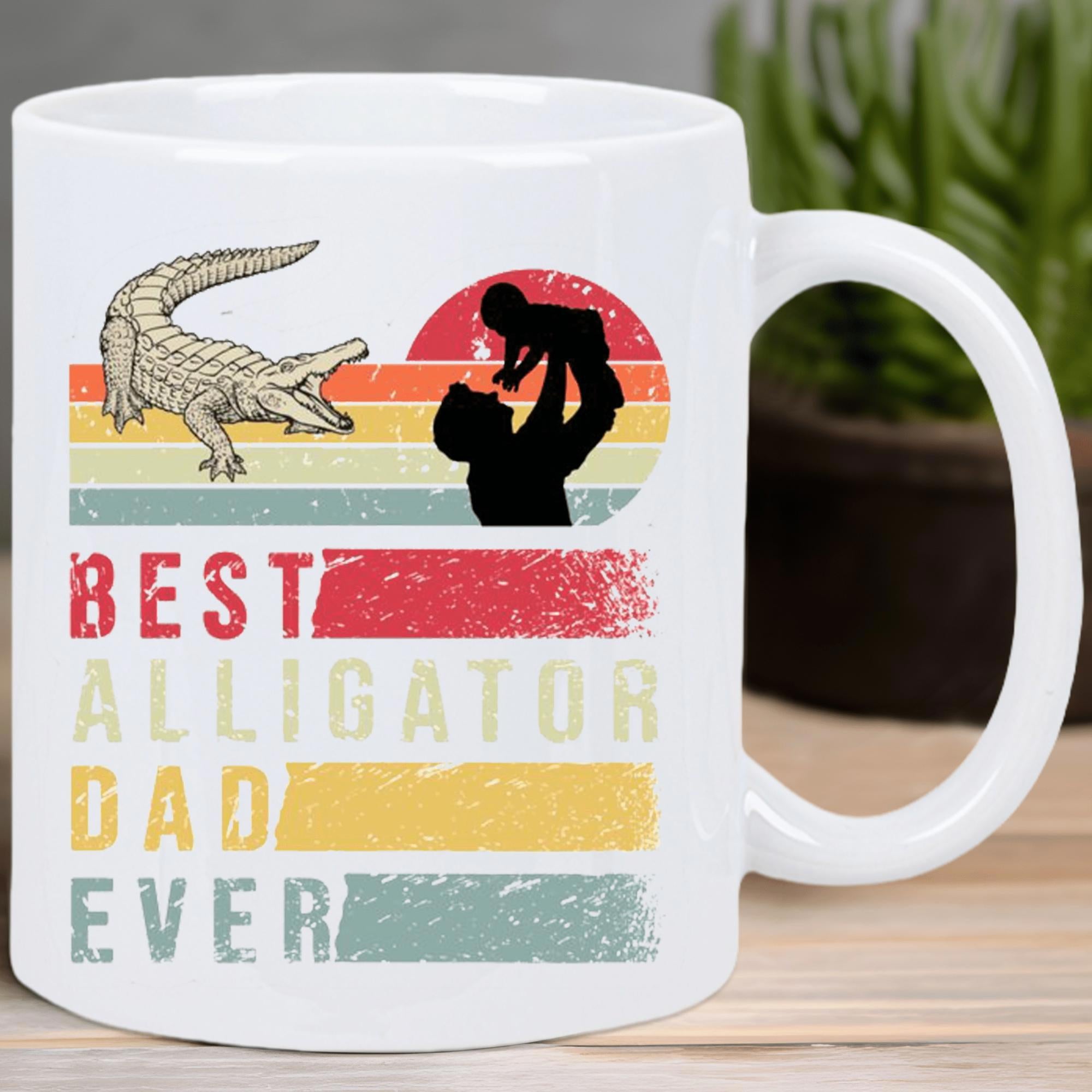 Tailorly White Ceramic 11 oz Mug - Best Alligator Dad Ever Vintage Sunset Featuring Silhouette Of Father Lifting Child Majestic Alligator