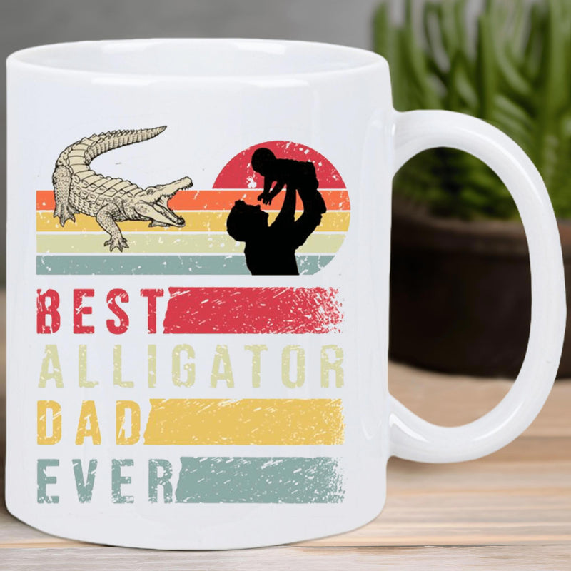 Tailorly White Ceramic 11 oz Mug - Best Alligator Dad Ever Vintage Sunset Featuring Silhouette Of Father Lifting Child Majestic Alligator