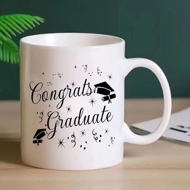 Tailorly White Ceramic 11 oz Mug - Congrats Graduate Celebratory Graduation Caps Among Shimmering Stars And Decorative Swirls Mug