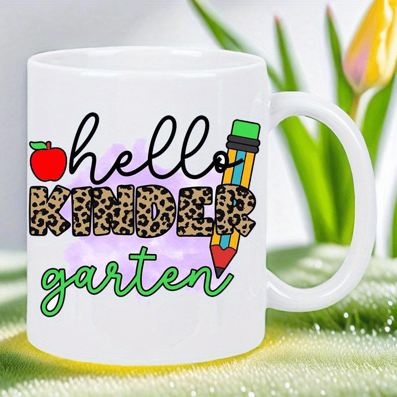 Tailorly White Ceramic 11 oz Mug - Hello Kindergarten Vibrant Leopard Print Letters With Red Apple And Cartoon Pencil