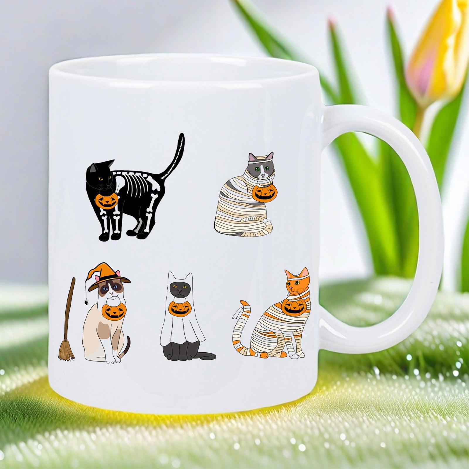 Tailorly White Ceramic 11 oz Mug - Playful Felines Wearing Spooky Halloween Costumes And Carrying Small Glowing Pumpkin Cat