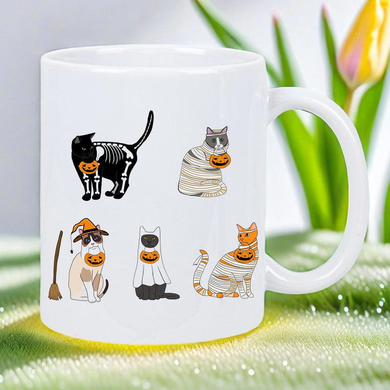 Tailorly White Ceramic 11 oz Mug - Playful Felines Wearing Spooky Halloween Costumes And Carrying Small Glowing Pumpkin Cat