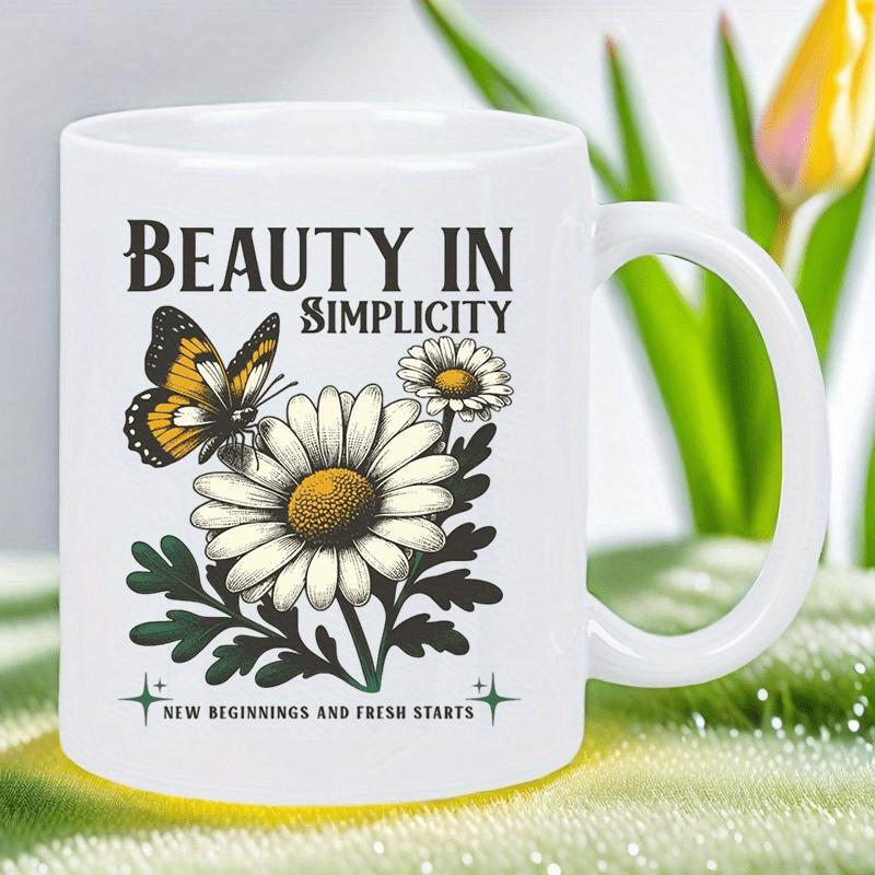 Tailorly White Ceramic 11 oz Mug - Beauty In Simplicity Blooming White Daisy With Graceful Butterfly Resting On Delicate Petals Flower