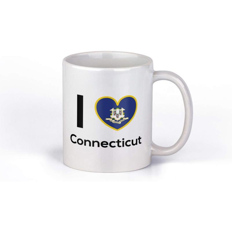Tailorly White Ceramic 11 oz Mug - I Connecticut Heart Shaped Symbol Featuring Blue Connecticut State Flag With Yellow Border Mug