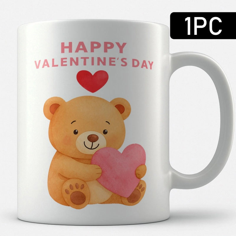 Tailorly White Ceramic 11 oz Mug - Happy Valentine's Day Adorable Watercolor Teddy Bear Sitting Peacefully Holding Heart Bear