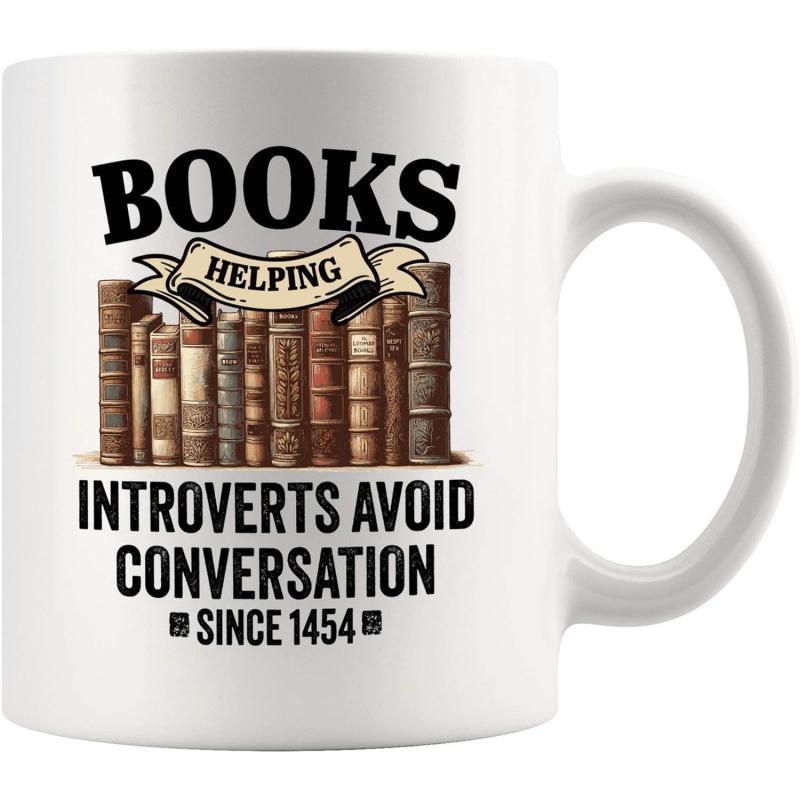 Tailorly White Ceramic 11 oz Mug - Books Helping Introverts Avoid Conversation Since 1454 Vintage Style Spines Standing Together Under A Classic Banner Books
