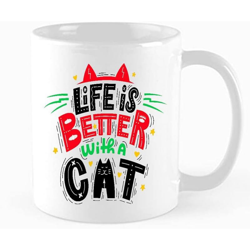 Tailorly White Ceramic 11 oz Mug - Life Is Better With A Cat Artistic Decorative Typography With Cute Red Ears Whiskers And Playful Cartoon Cat