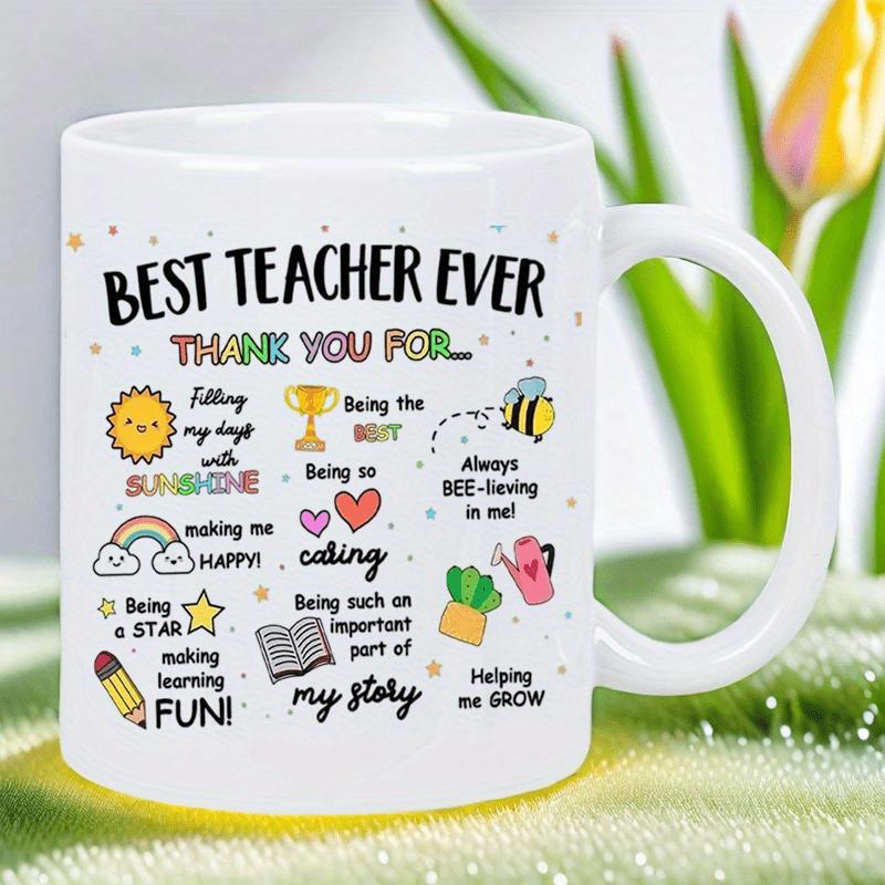 Tailorly White Ceramic 11 oz Mug - Best Teacher Ever Thank You Vibrant Colorful Symbols Of Appreciation Surrounded By Playful Educational Icons Mug
