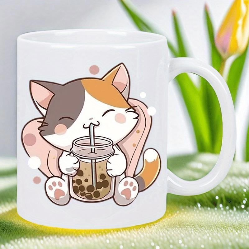 Tailorly White Ceramic 11 oz Mug - Adorable Calico Kitten Drinking Sweet Pearl Milk Tea With Tiny Pink Bubbles Cat