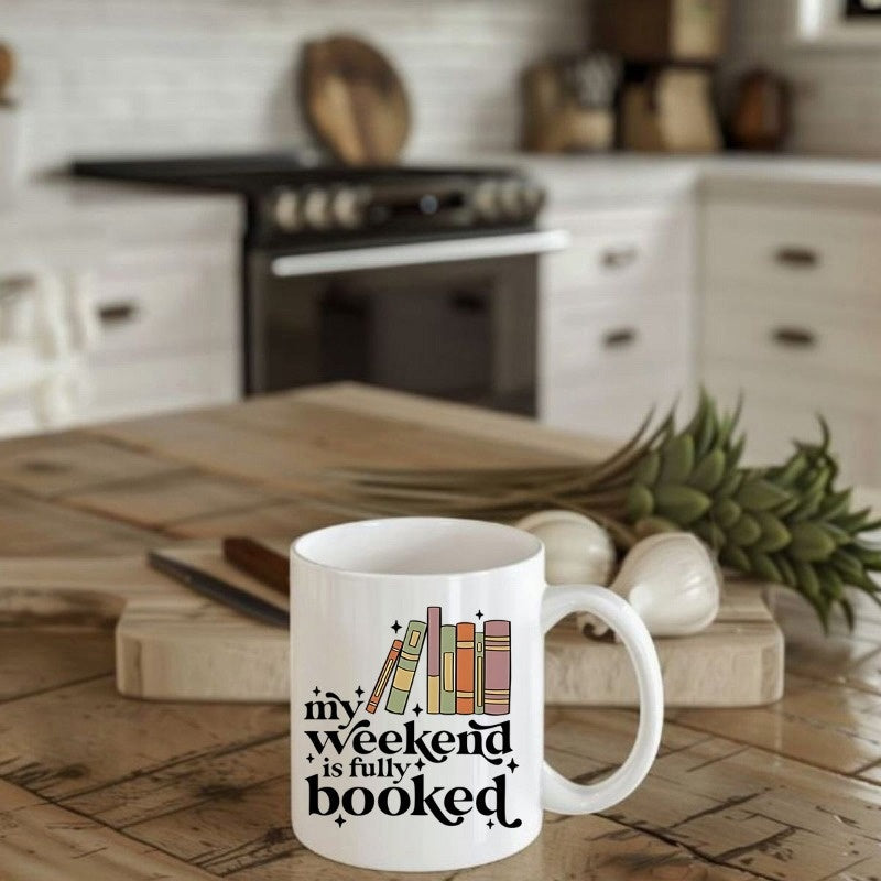 Tailorly White Ceramic 11 oz Mug - My Weekend Is Fully Booked Colorful Retro Style Vintage Books Standing Neatly In A Small Row Books