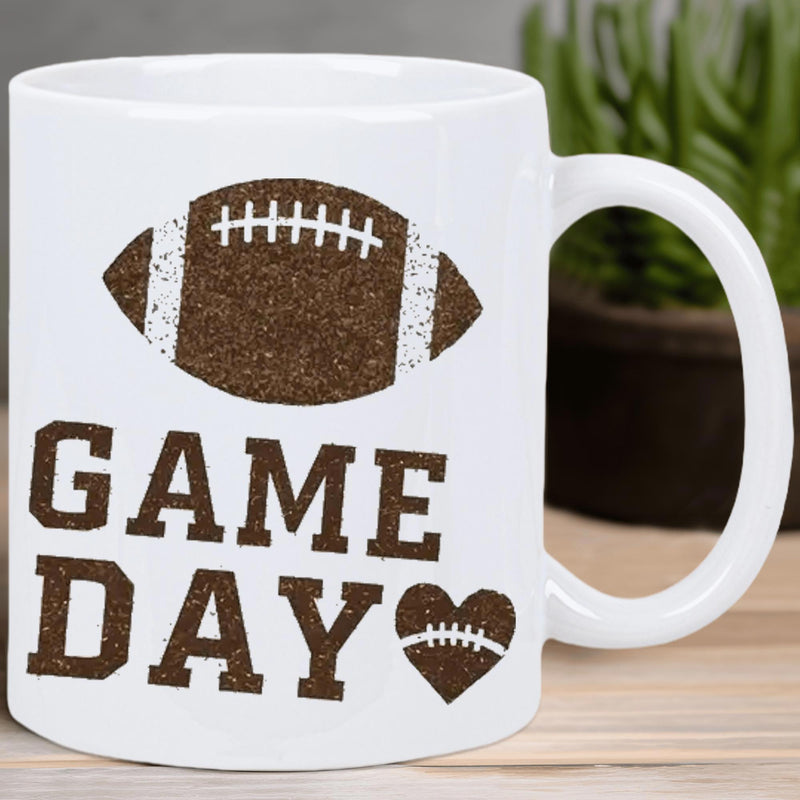 Tailorly White Ceramic 11 oz Mug - Game Day Textured Brown Sports Ball With Heart Pattern And Laces Football