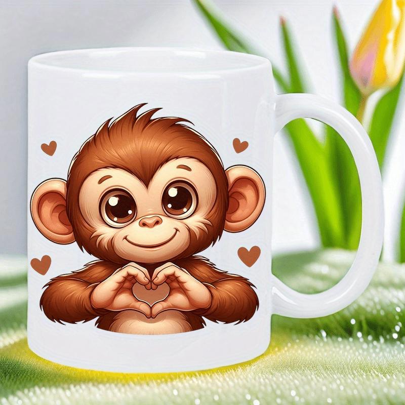 Tailorly White Ceramic 11 oz Mug - Cute Brown Cartoon Creature Making Heart Gesture Surrounded By Floating Small Hearts Monkey